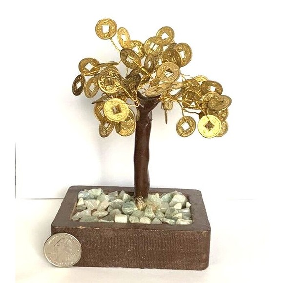 Money Gold Coin Wire Wrap Tree Fengshui Decorative Tree Size 6" X 4" X 3" - Picture 3 of 12